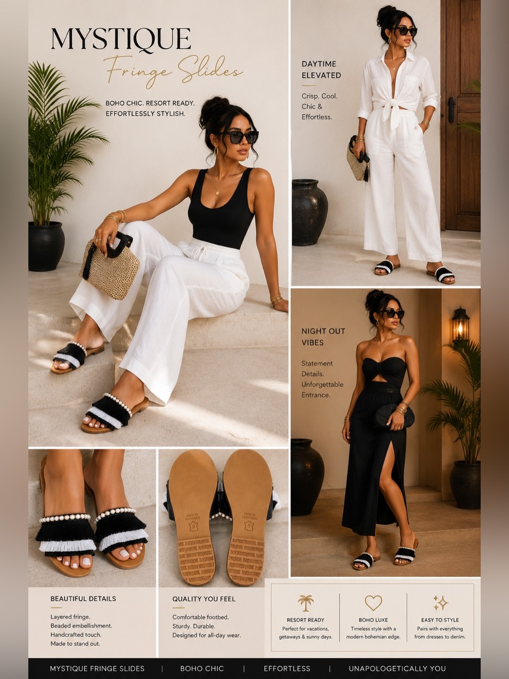 ✨ Mystique Black & White Fringe Beaded Slide Sandals | NWOT | Resort Luxe ✨